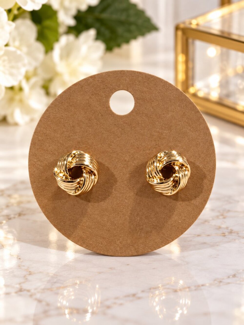 Gold Love Knot Stud Earrings Textured Twisted Vintage Style - Women's Jewelry